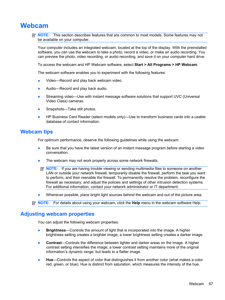 Webcam, Webcam tips, Adjusting webcam properties | Webcam tips adjusting webcam properties | HP EliteBook 2740p Tablet-PC User Manual | Page 79 / 179