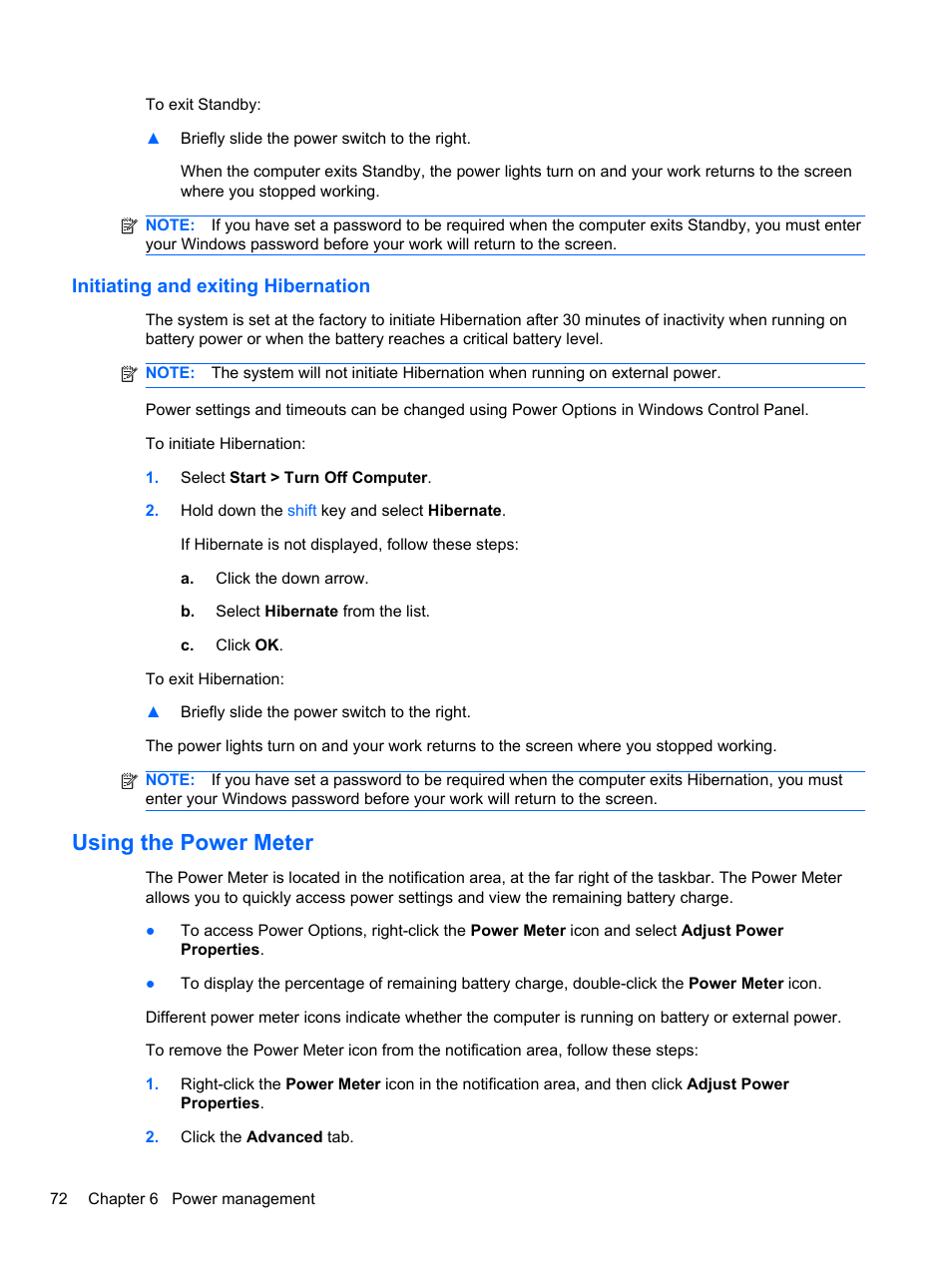 Initiating and exiting hibernation, Using the power meter | HP EliteBook 2740p Tablet-PC User Manual | Page 84 / 179