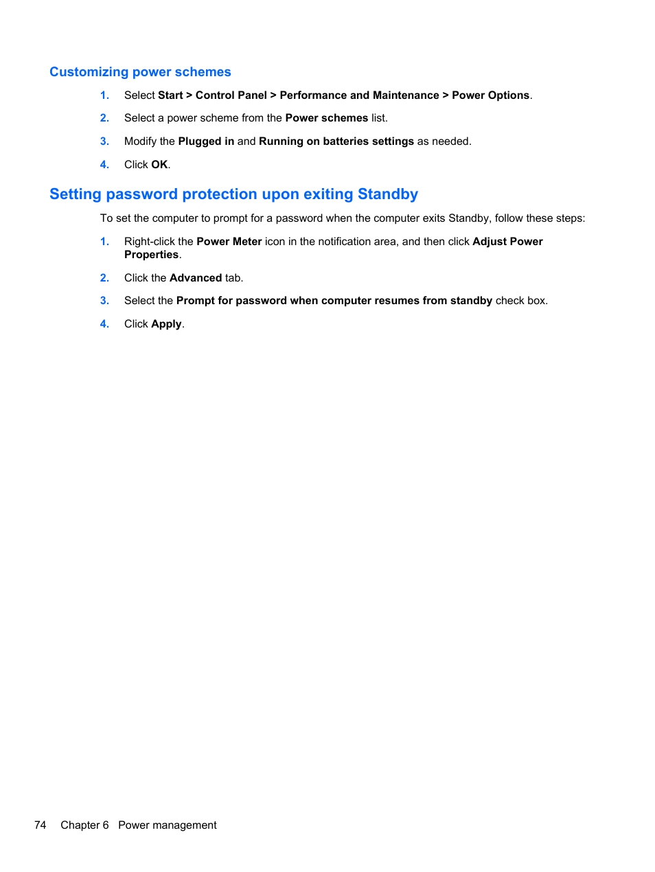 Customizing power schemes, Setting password protection upon exiting standby | HP EliteBook 2740p Tablet-PC User Manual | Page 86 / 179