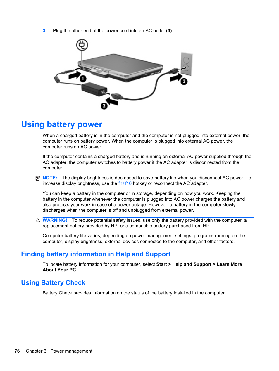 Using battery power, Finding battery information in help and support, Using battery check | HP EliteBook 2740p Tablet-PC User Manual | Page 88 / 179
