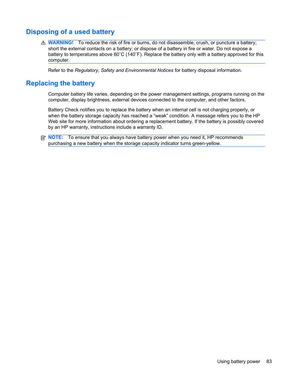 Disposing of a used battery, Replacing the battery, Disposing of a used battery replacing the battery | HP EliteBook 2740p Tablet-PC User Manual | Page 95 / 179