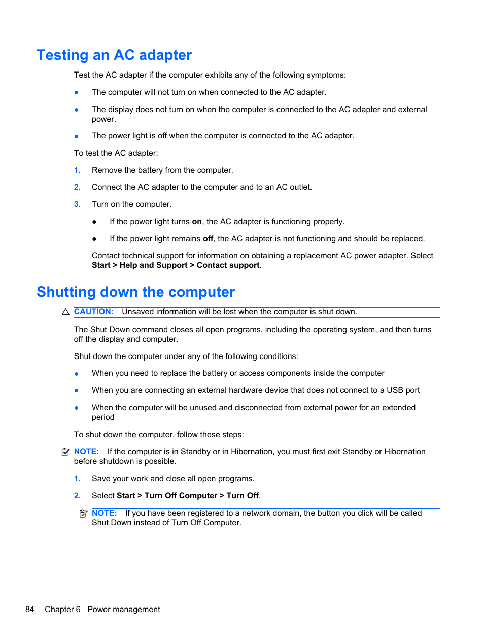 Testing an ac adapter, Shutting down the computer, Testing an ac adapter shutting down the computer | HP EliteBook 2740p Tablet-PC User Manual | Page 96 / 179