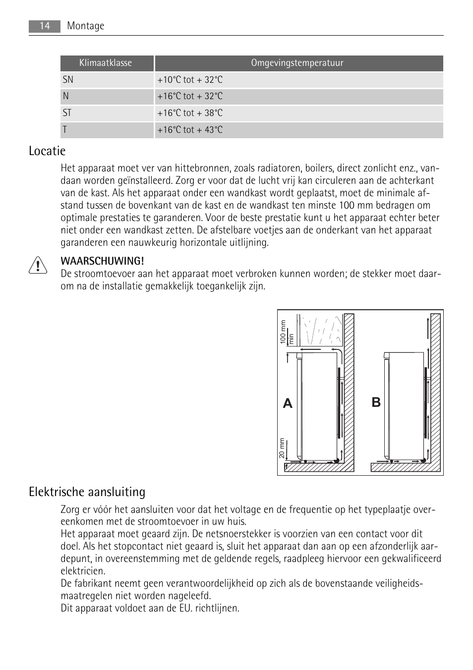 Locatie, Elektrische aansluiting | AEG A42200GSW0 User Manual | Page 14 / 68