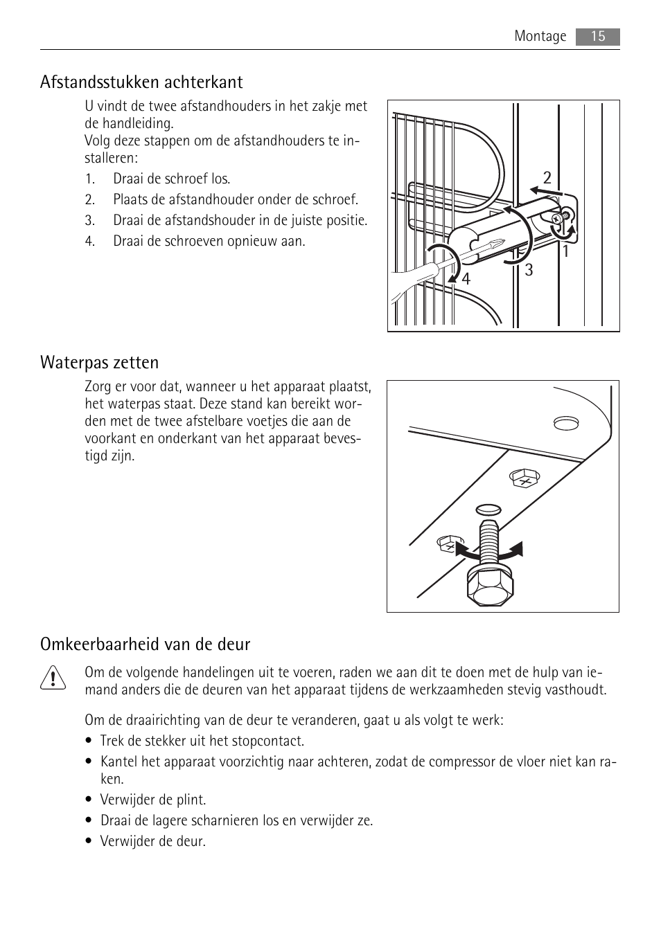 Afstandsstukken achterkant, Waterpas zetten, Omkeerbaarheid van de deur | AEG A42200GSW0 User Manual | Page 15 / 68
