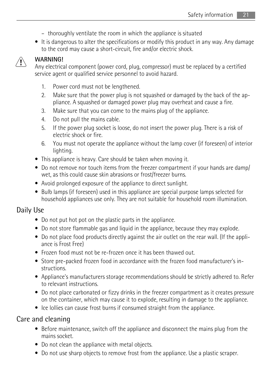 Daily use, Care and cleaning | AEG A42200GSW0 User Manual | Page 21 / 68