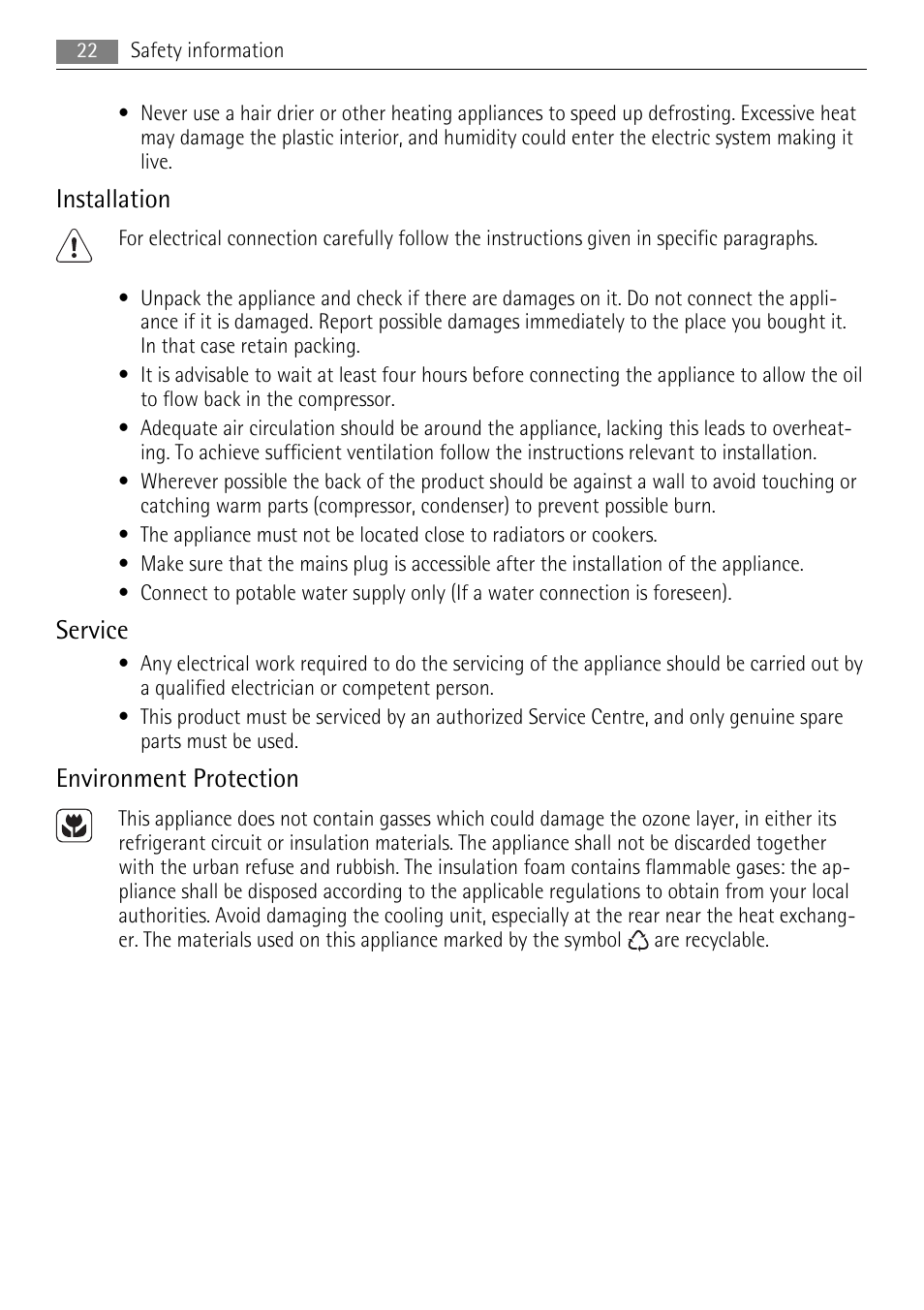 Installation, Service, Environment protection | AEG A42200GSW0 User Manual | Page 22 / 68