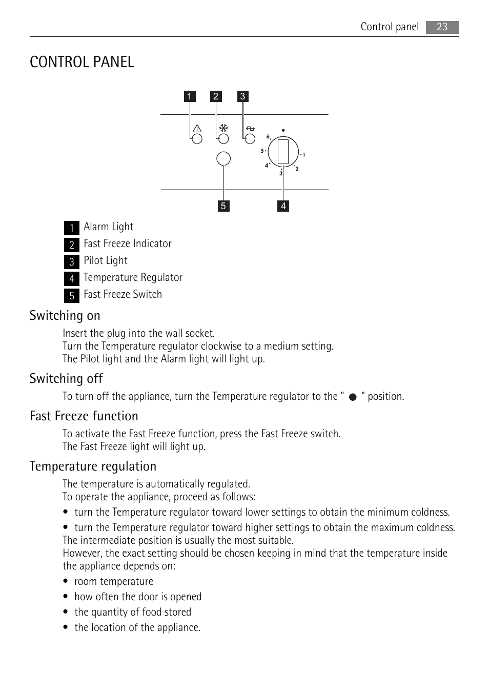 Control panel, Switching on, Switching off | Fast freeze function, Temperature regulation | AEG A42200GSW0 User Manual | Page 23 / 68