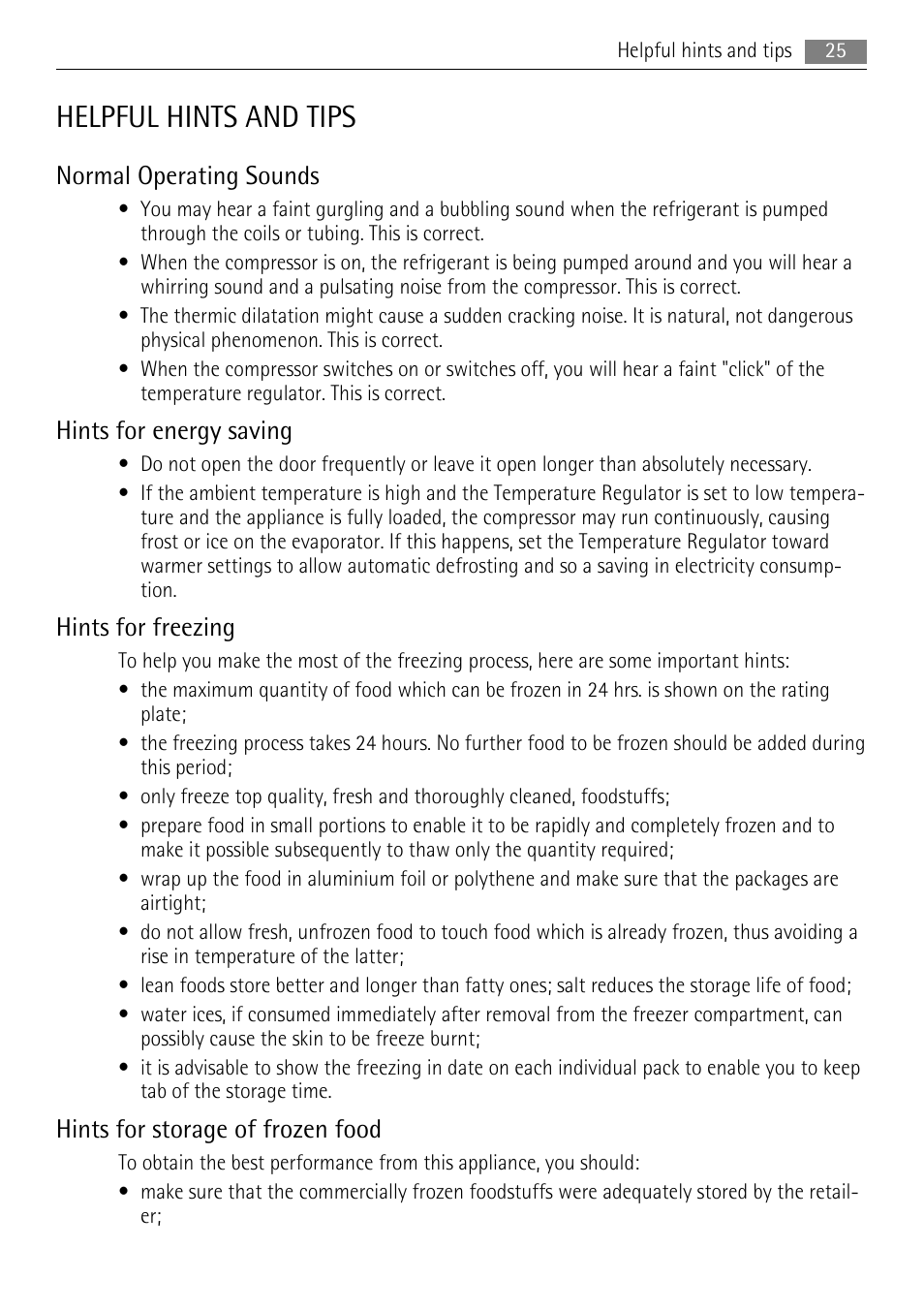 Helpful hints and tips, Normal operating sounds, Hints for energy saving | Hints for freezing, Hints for storage of frozen food | AEG A42200GSW0 User Manual | Page 25 / 68
