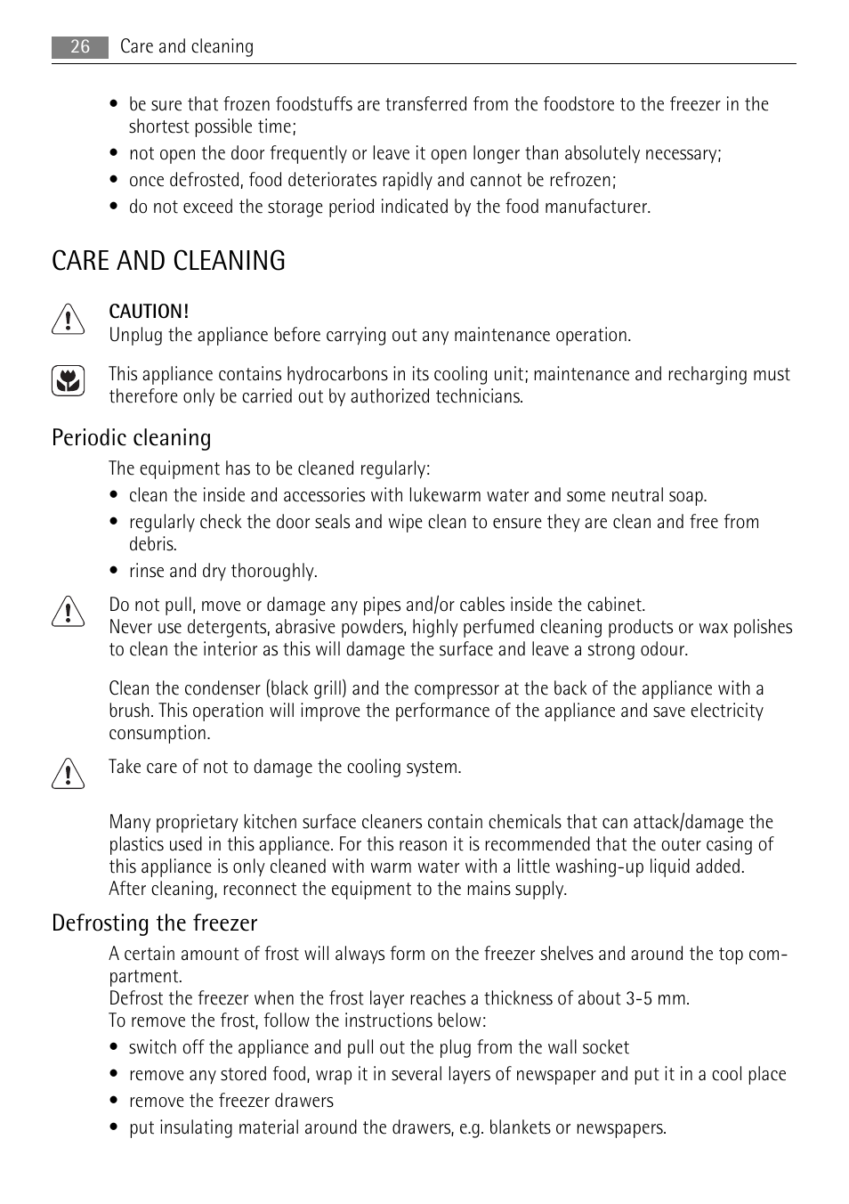 Care and cleaning, Periodic cleaning, Defrosting the freezer | AEG A42200GSW0 User Manual | Page 26 / 68