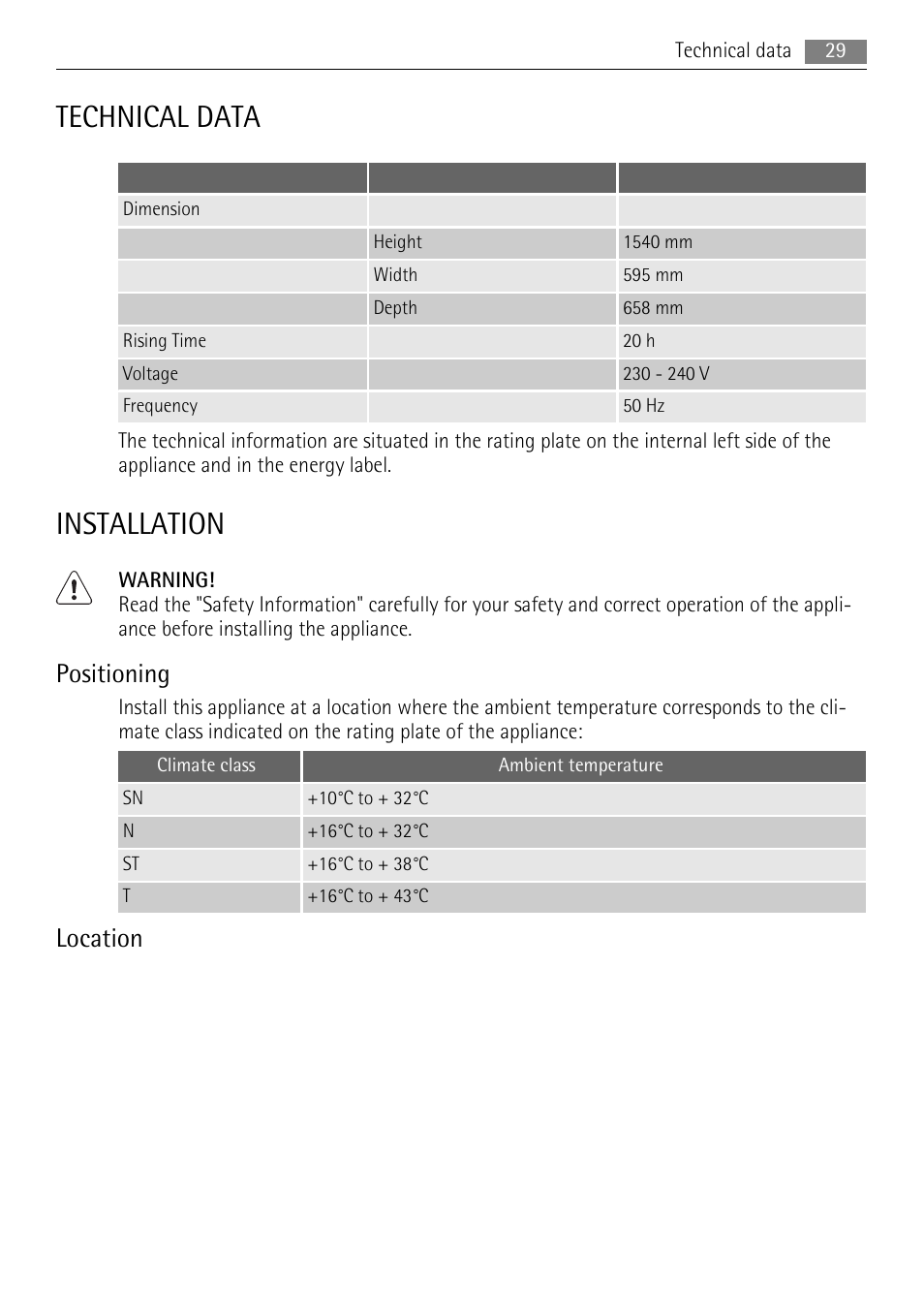 Technical data, Installation, Positioning | Location | AEG A42200GSW0 User Manual | Page 29 / 68