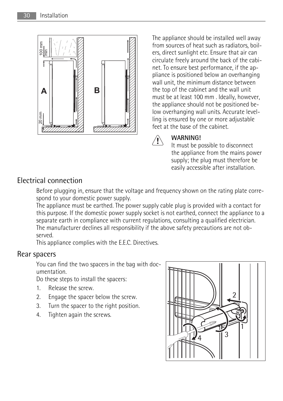 Electrical connection, Rear spacers | AEG A42200GSW0 User Manual | Page 30 / 68