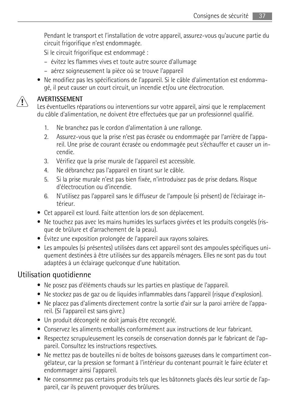 Utilisation quotidienne | AEG A42200GSW0 User Manual | Page 37 / 68
