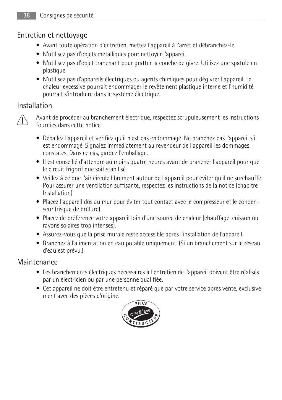 Entretien et nettoyage, Installation, Maintenance | AEG A42200GSW0 User Manual | Page 38 / 68