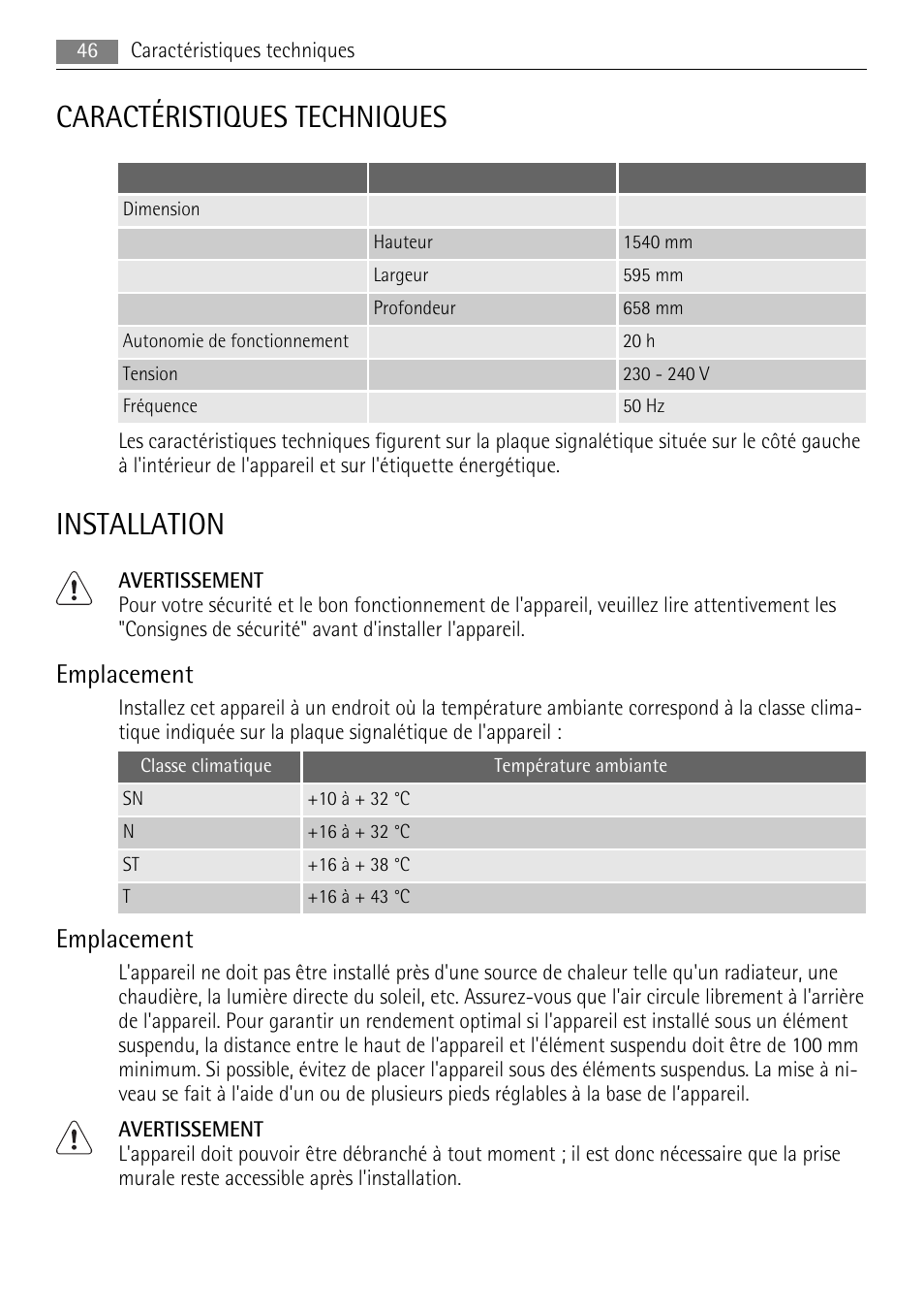 Caractéristiques techniques, Installation, Emplacement | AEG A42200GSW0 User Manual | Page 46 / 68
