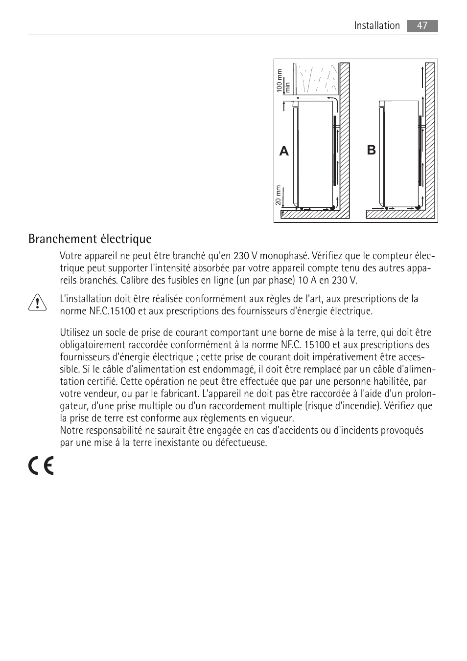 Branchement électrique | AEG A42200GSW0 User Manual | Page 47 / 68