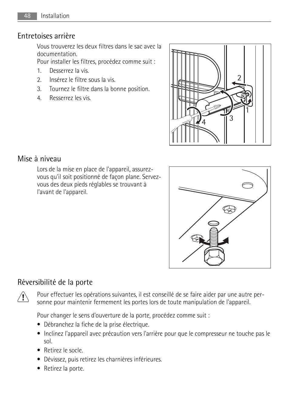 Entretoises arrière, Mise à niveau, Réversibilité de la porte | AEG A42200GSW0 User Manual | Page 48 / 68