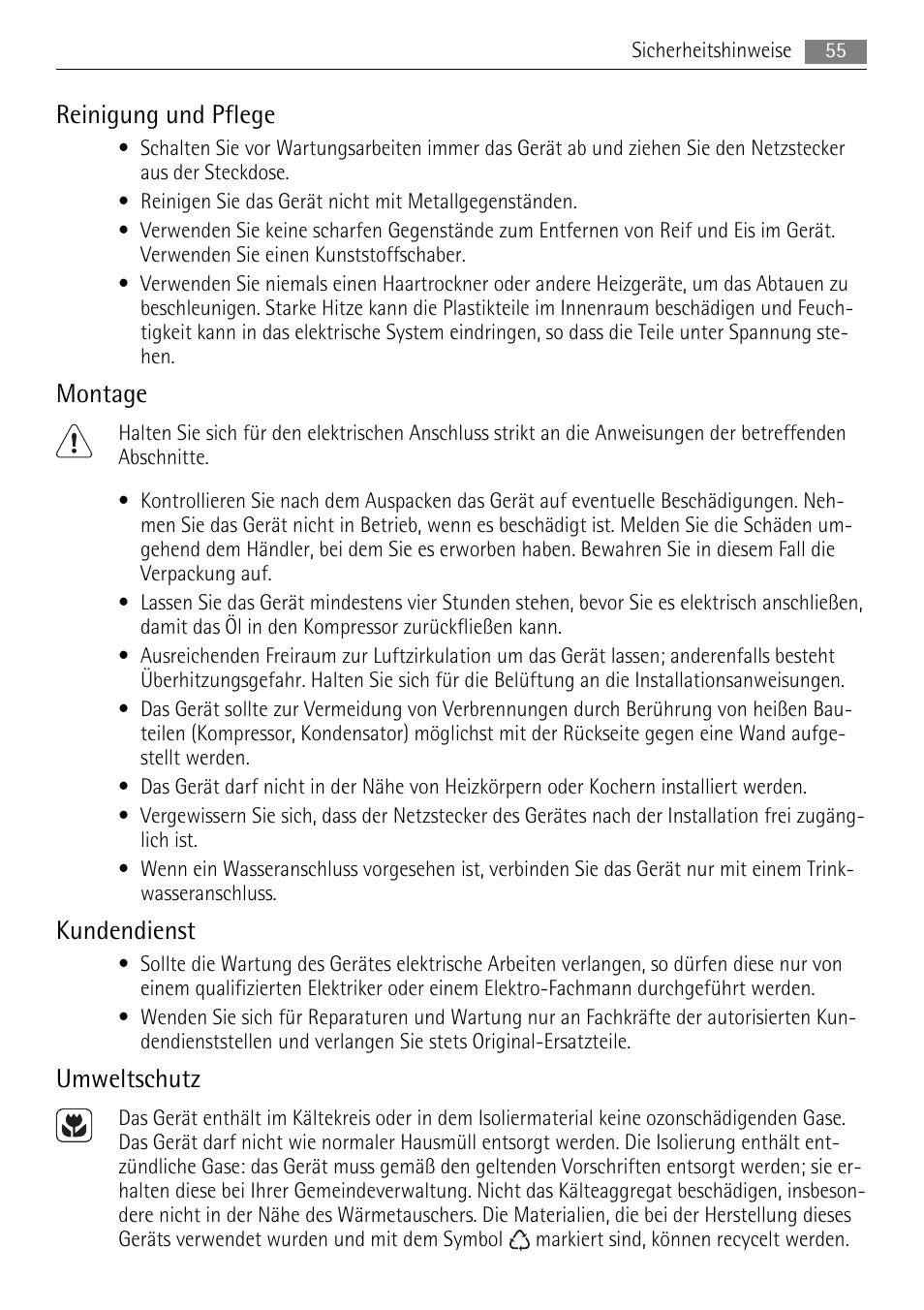 Reinigung und pflege, Montage, Kundendienst | Umweltschutz | AEG A42200GSW0 User Manual | Page 55 / 68