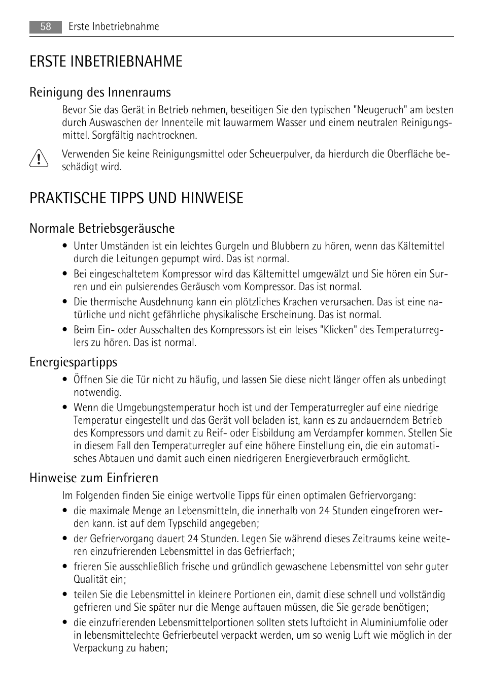 Erste inbetriebnahme, Praktische tipps und hinweise, Reinigung des innenraums | Normale betriebsgeräusche, Energiespartipps, Hinweise zum einfrieren | AEG A42200GSW0 User Manual | Page 58 / 68