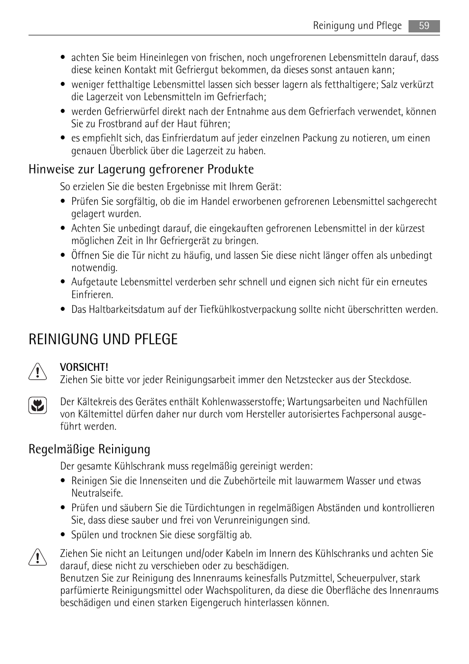 Reinigung und pflege, Hinweise zur lagerung gefrorener produkte, Regelmäßige reinigung | AEG A42200GSW0 User Manual | Page 59 / 68