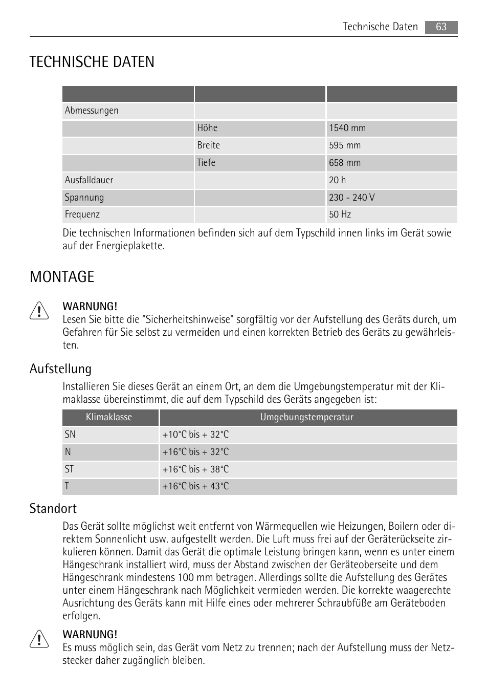 Technische daten, Montage, Aufstellung | Standort | AEG A42200GSW0 User Manual | Page 63 / 68