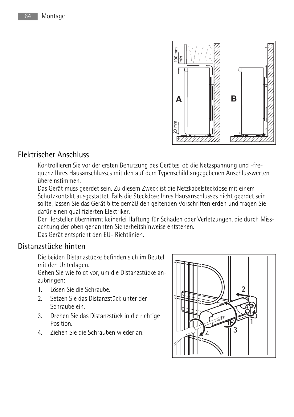 Elektrischer anschluss, Distanzstücke hinten | AEG A42200GSW0 User Manual | Page 64 / 68