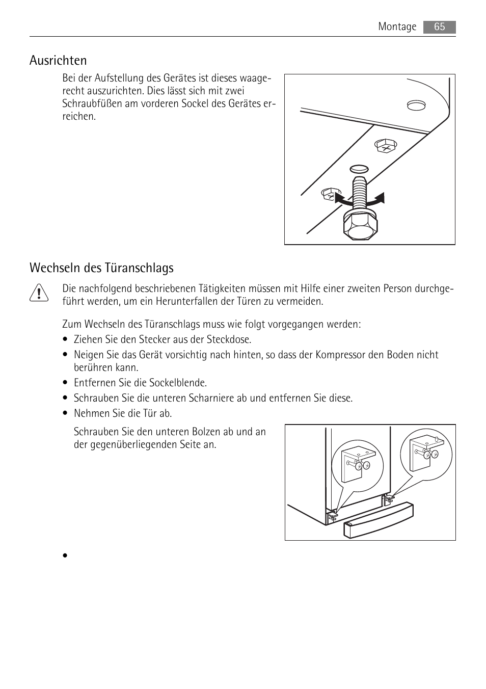 Ausrichten, Wechseln des türanschlags | AEG A42200GSW0 User Manual | Page 65 / 68