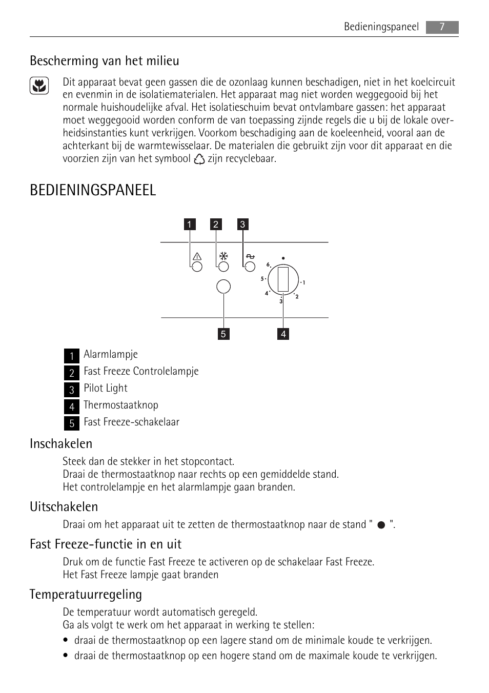 Bedieningspaneel, Bescherming van het milieu, Inschakelen | Uitschakelen, Fast freeze-functie in en uit, Temperatuurregeling | AEG A42200GSW0 User Manual | Page 7 / 68