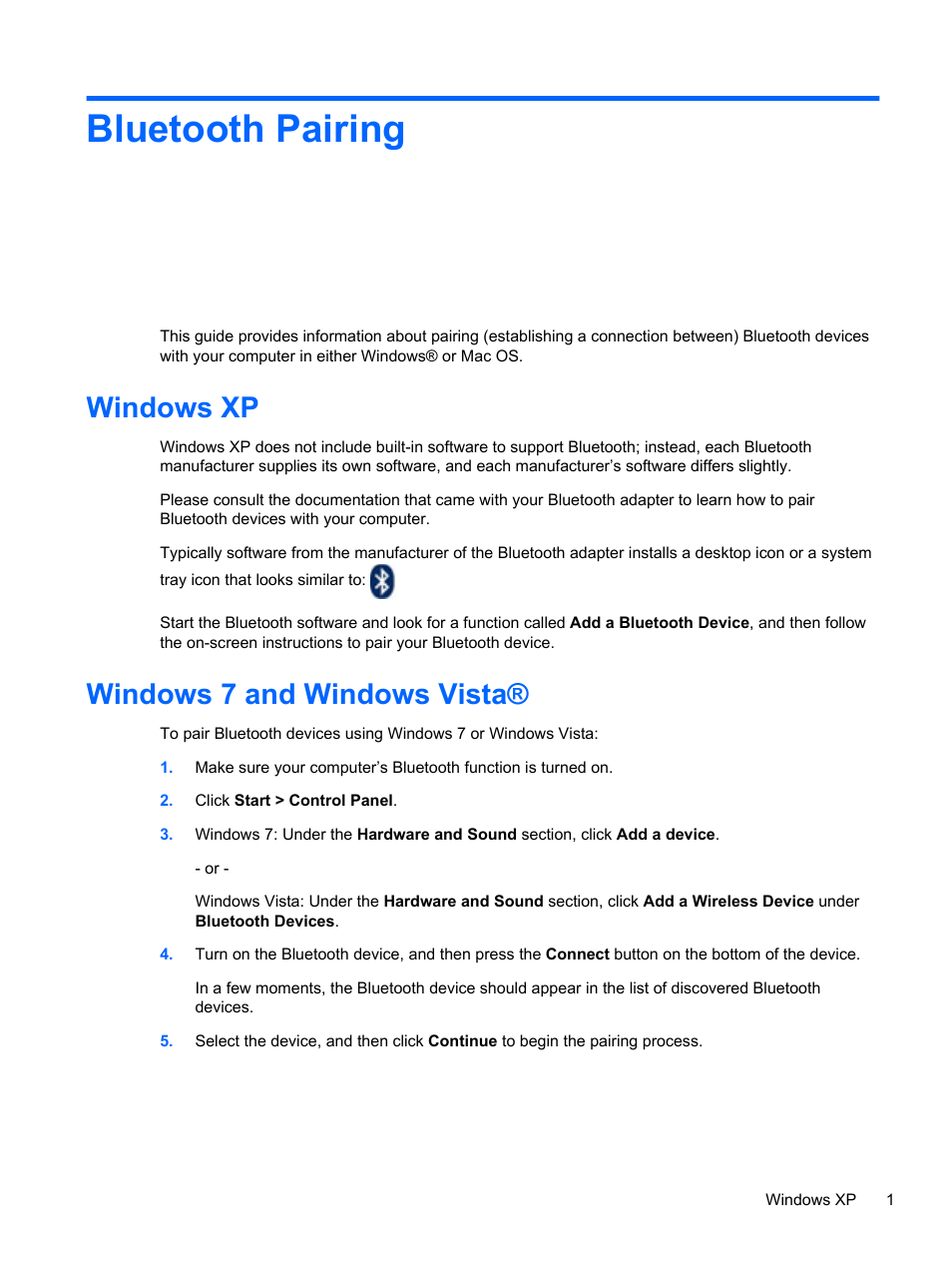 Bluetooth pairing, Windows xp, Windows 7 and windows vista | HP Slim Bluetooth Mouse User Manual | Page 5 / 6