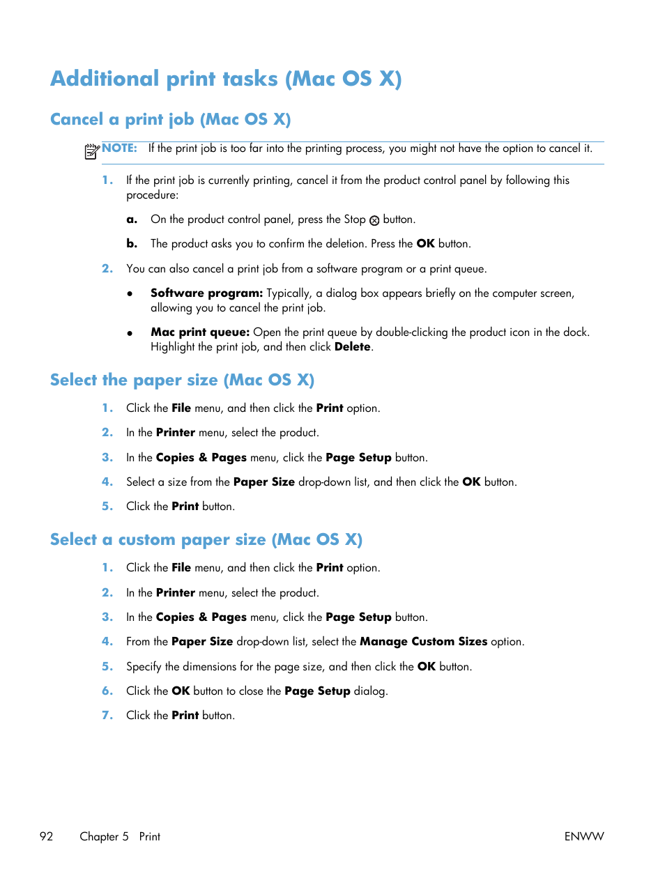 Additional print tasks (mac os x), Cancel a print job (mac os x), Select the paper size (mac os x) | Select a custom paper size (mac os x) | HP LaserJet Enterprise 700 Printer M712 series User Manual | Page 102 / 186