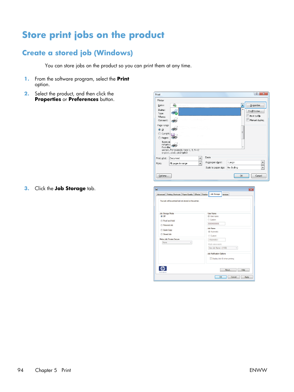 Store print jobs on the product, Create a stored job (windows) | HP LaserJet Enterprise 700 Printer M712 series User Manual | Page 104 / 186