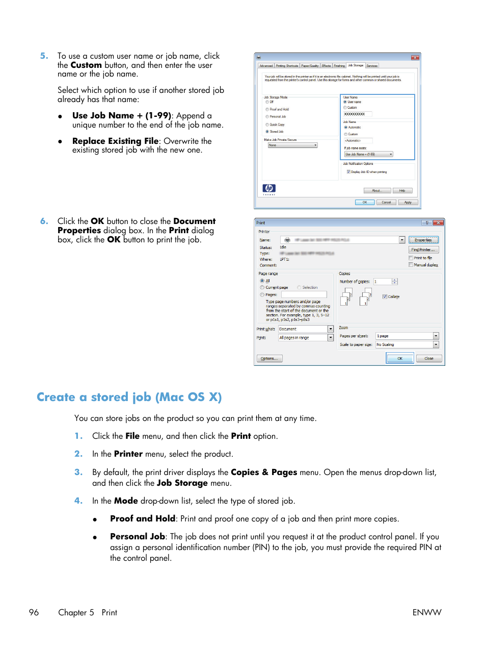 Create a stored job (mac os x) | HP LaserJet Enterprise 700 Printer M712 series User Manual | Page 106 / 186