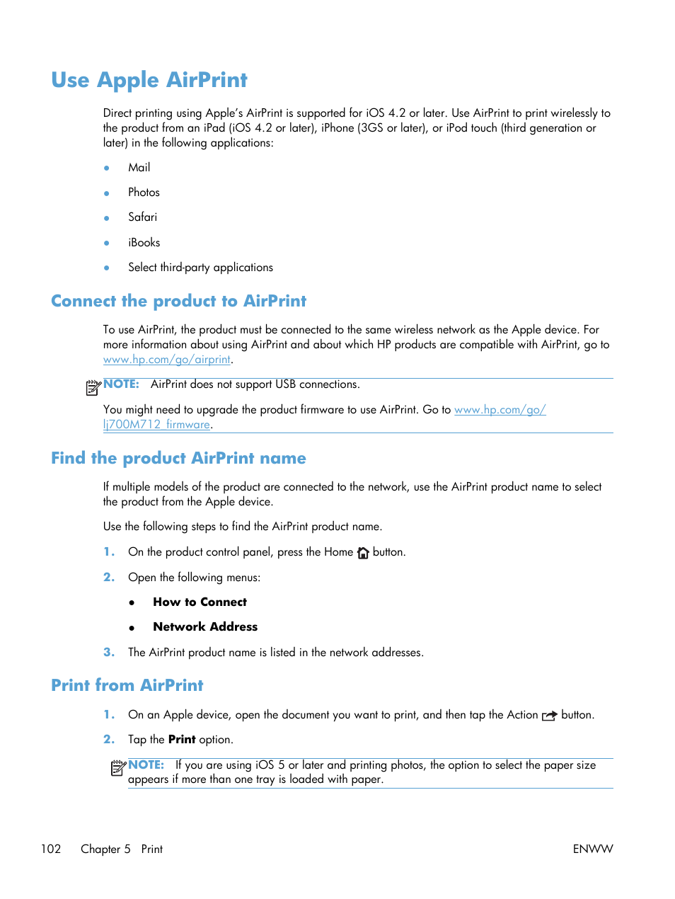 Use apple airprint, Connect the product to airprint, Find the product airprint name | Print from airprint | HP LaserJet Enterprise 700 Printer M712 series User Manual | Page 112 / 186