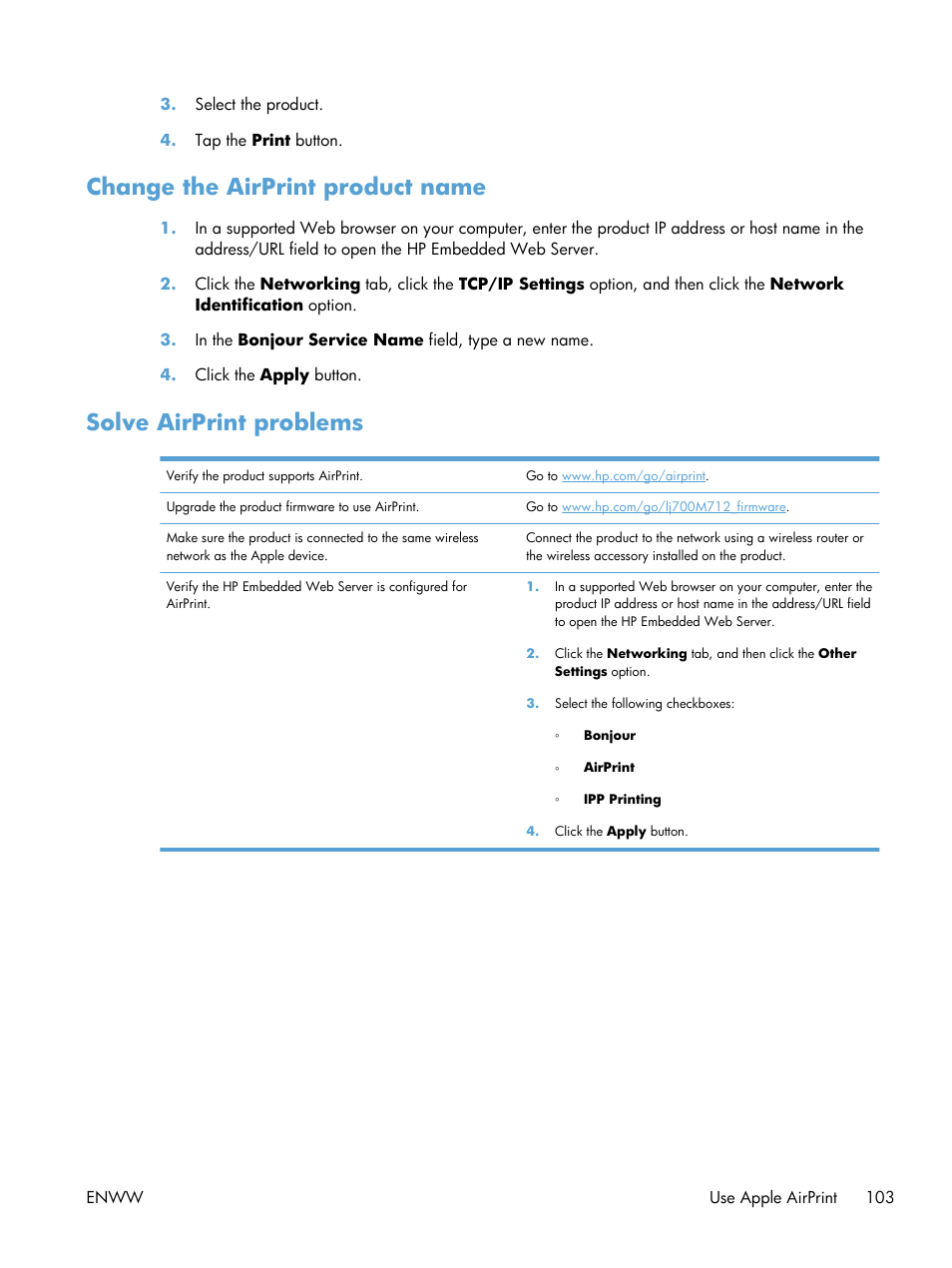 Change the airprint product name, Solve airprint problems | HP LaserJet Enterprise 700 Printer M712 series User Manual | Page 113 / 186