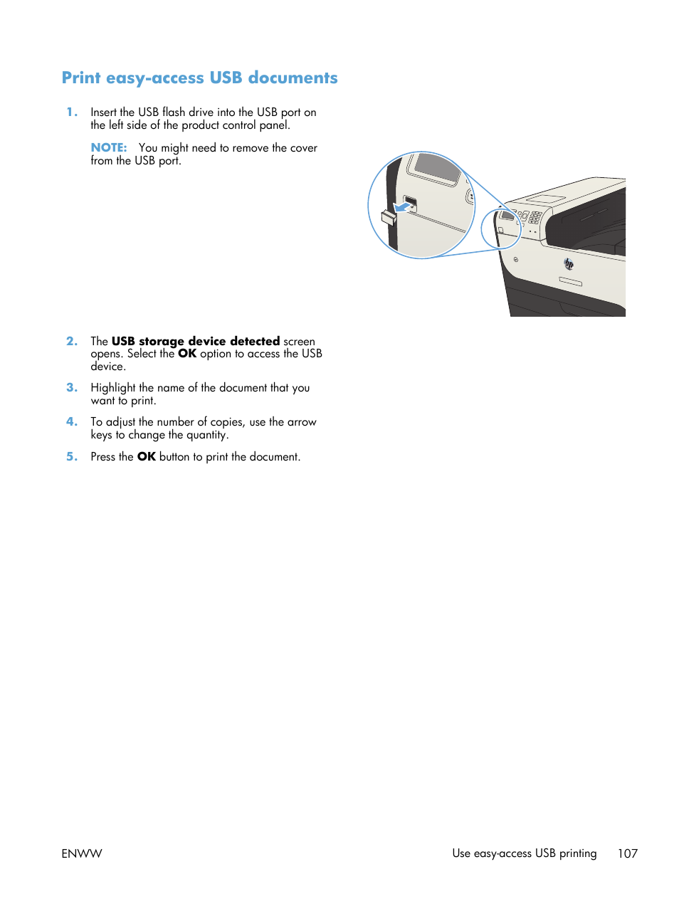 Print easy-access usb documents | HP LaserJet Enterprise 700 Printer M712 series User Manual | Page 117 / 186