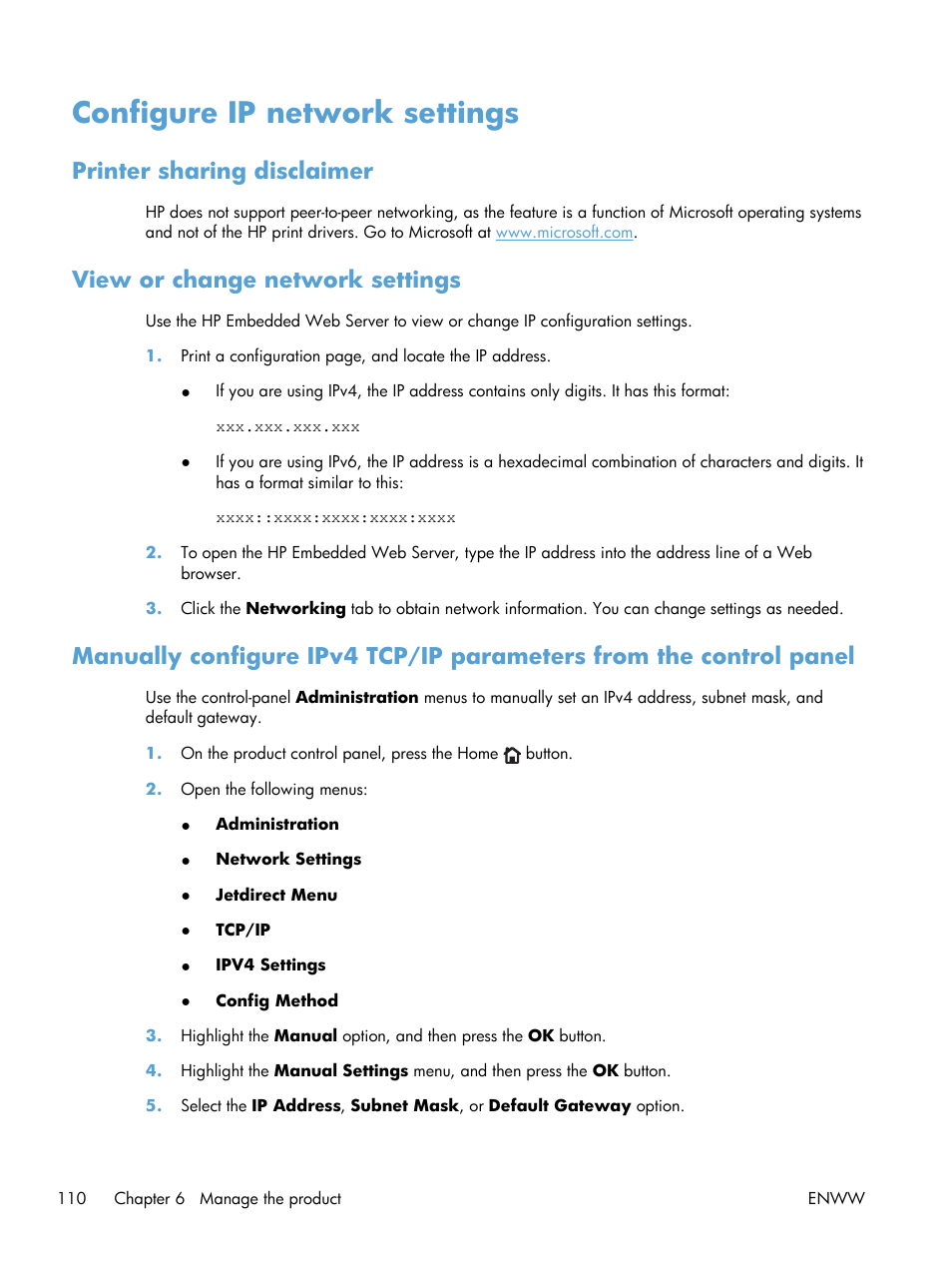 Configure ip network settings, Printer sharing disclaimer, View or change network settings | HP LaserJet Enterprise 700 Printer M712 series User Manual | Page 120 / 186