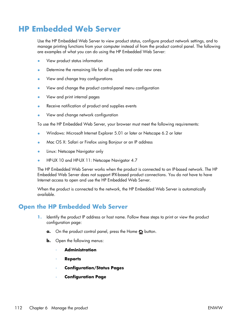 Hp embedded web server, Open the hp embedded web server | HP LaserJet Enterprise 700 Printer M712 series User Manual | Page 122 / 186