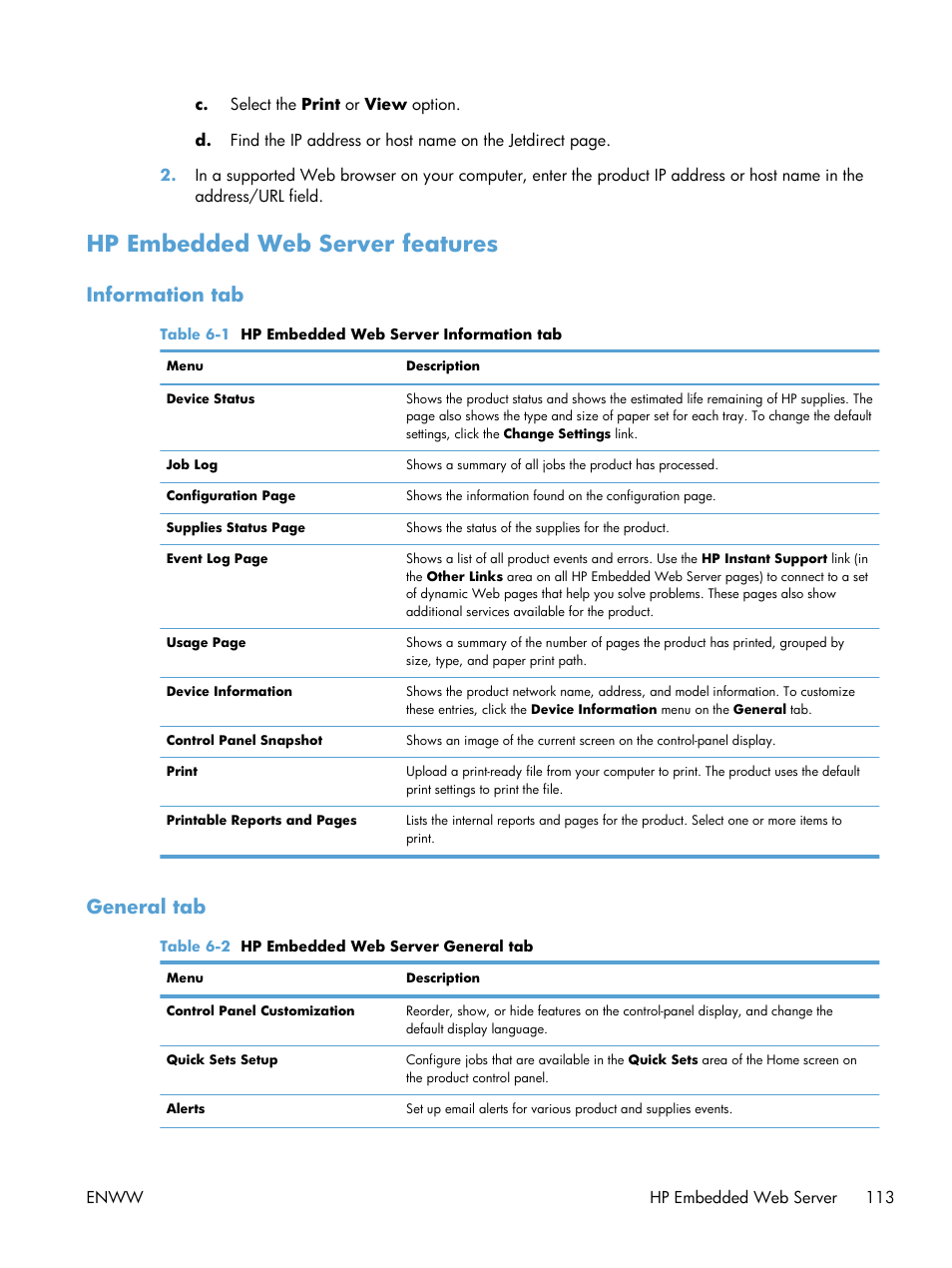 Hp embedded web server features, Information tab, General tab | Information tab general tab | HP LaserJet Enterprise 700 Printer M712 series User Manual | Page 123 / 186