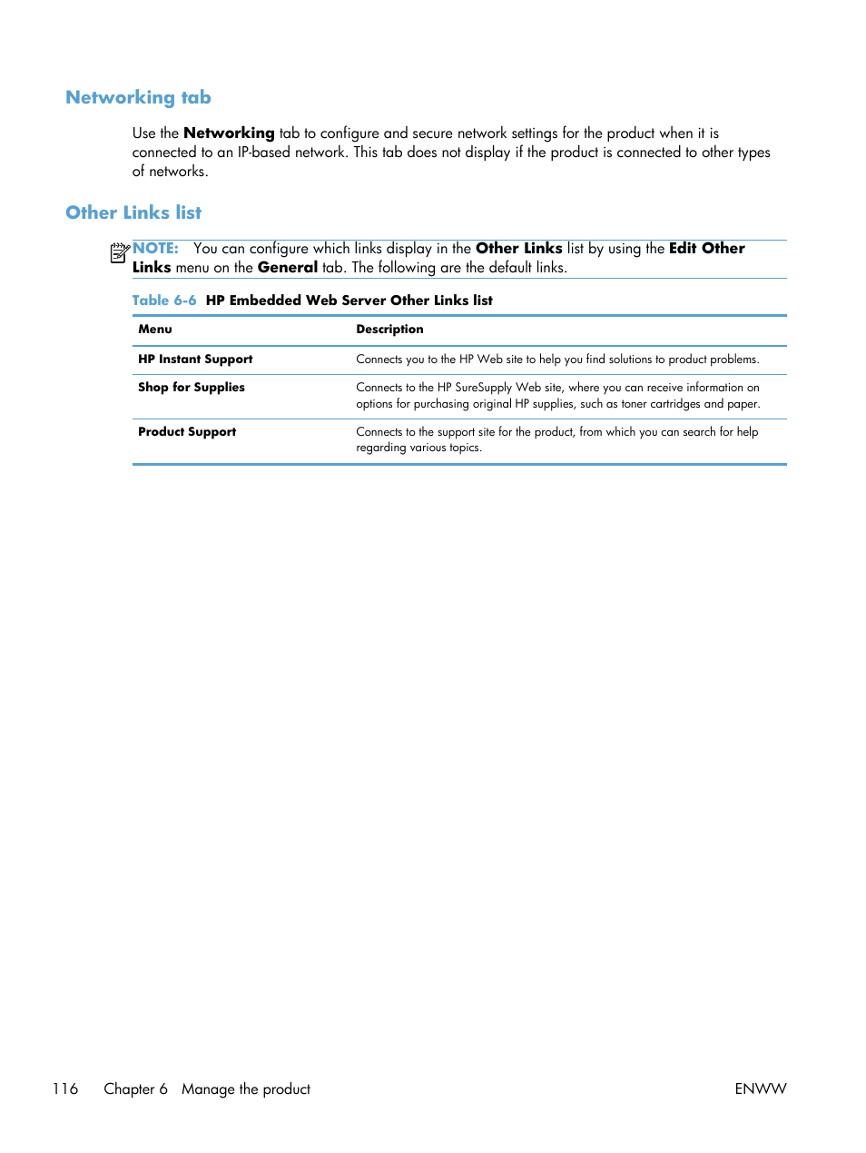 Networking tab, Other links list, Networking tab other links list | HP LaserJet Enterprise 700 Printer M712 series User Manual | Page 126 / 186