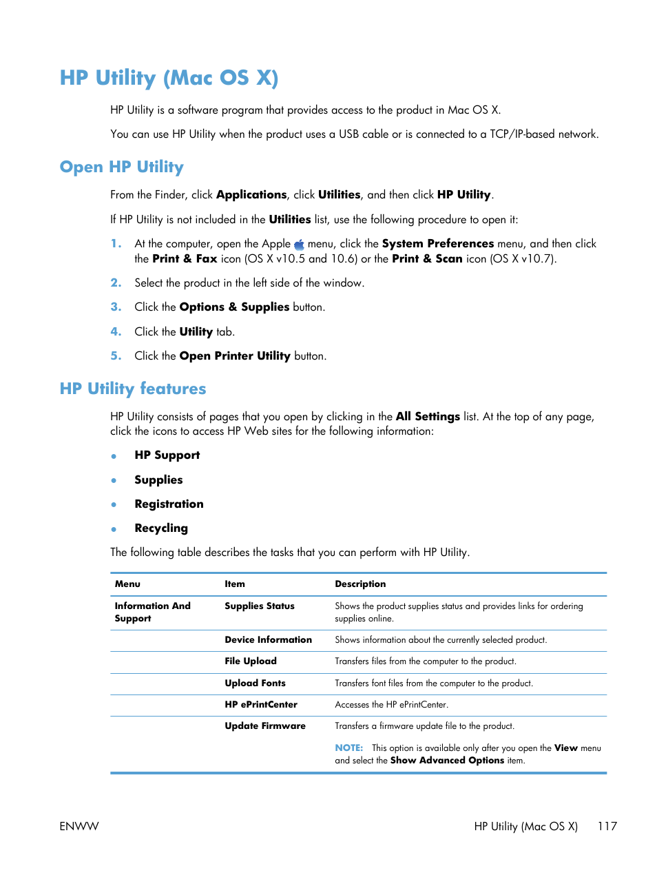 Hp utility (mac os x), Open hp utility, Hp utility features | Open hp utility hp utility features | HP LaserJet Enterprise 700 Printer M712 series User Manual | Page 127 / 186