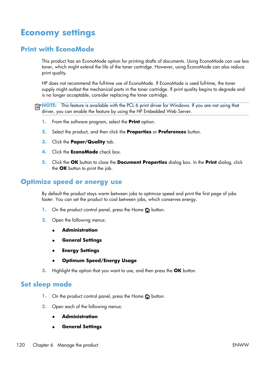 Economy settings, Print with economode, Optimize speed or energy use | Set sleep mode | HP LaserJet Enterprise 700 Printer M712 series User Manual | Page 130 / 186