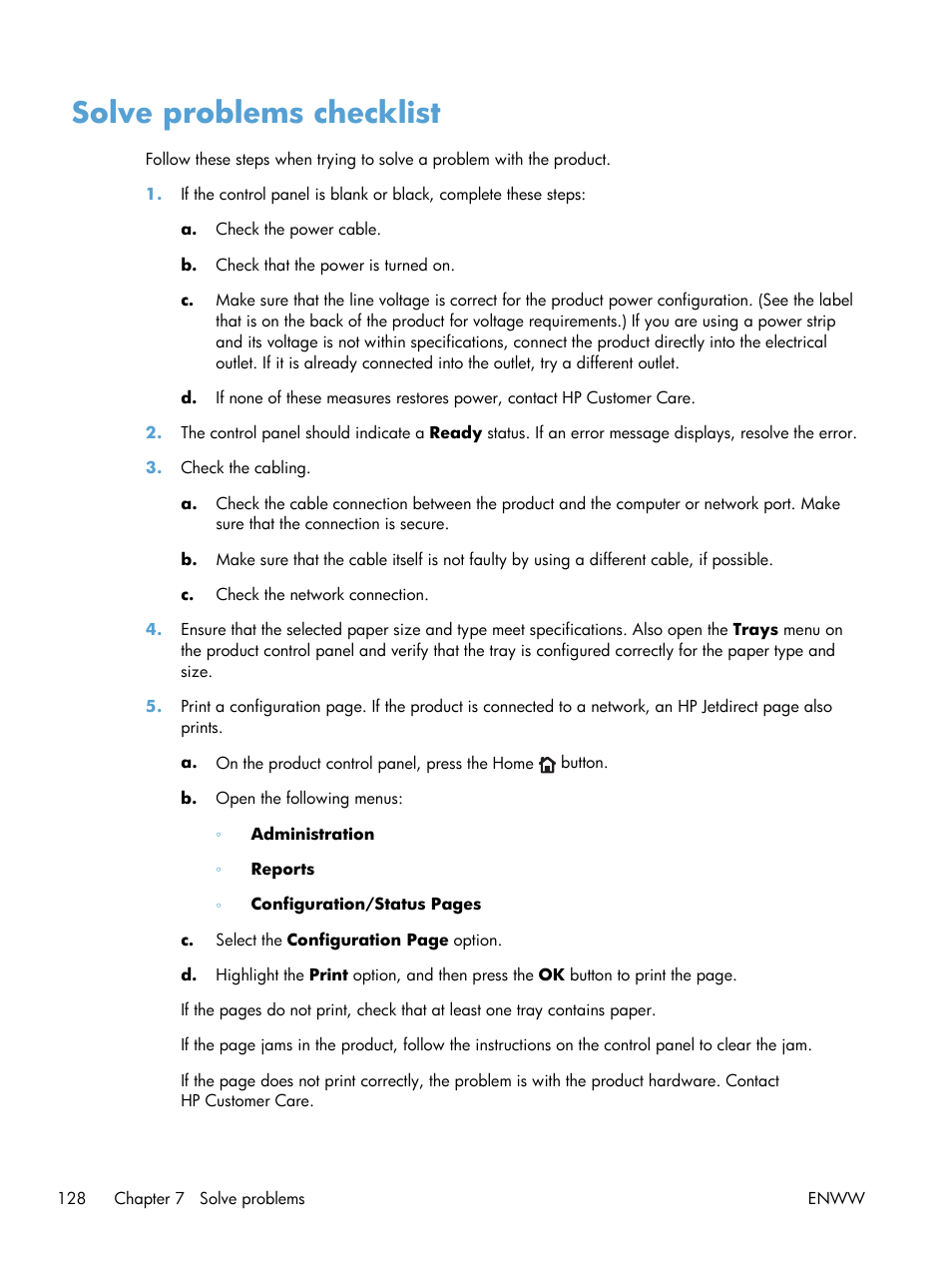 Solve problems checklist | HP LaserJet Enterprise 700 Printer M712 series User Manual | Page 138 / 186