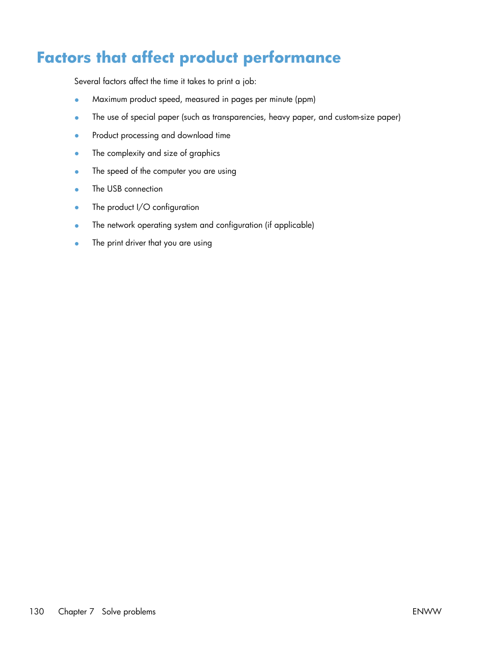 Factors that affect product performance | HP LaserJet Enterprise 700 Printer M712 series User Manual | Page 140 / 186