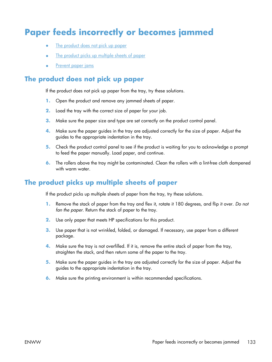 Paper feeds incorrectly or becomes jammed, The product does not pick up paper, The product picks up multiple sheets of paper | HP LaserJet Enterprise 700 Printer M712 series User Manual | Page 143 / 186