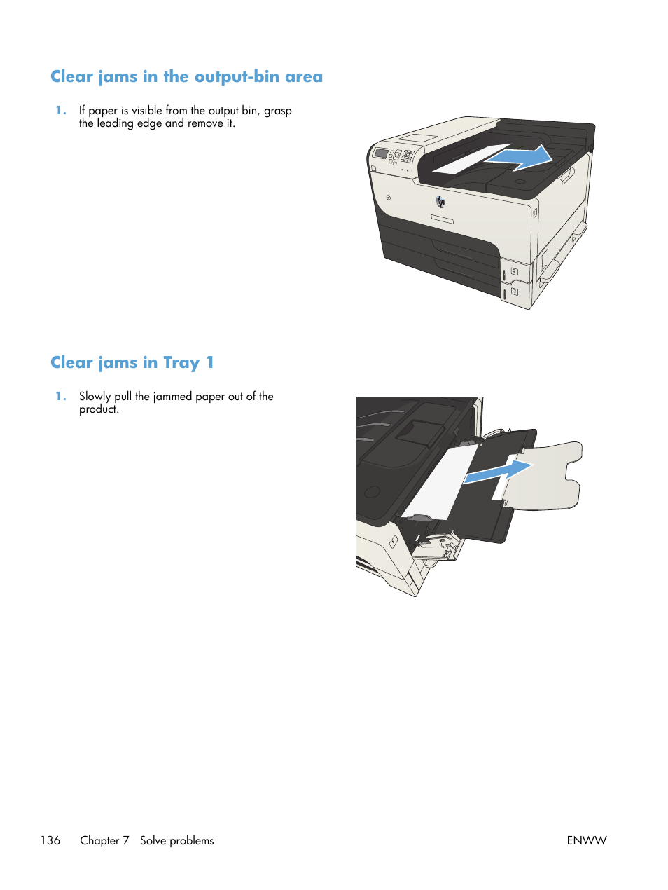 Clear jams in the output-bin area, Clear jams in tray 1 | HP LaserJet Enterprise 700 Printer M712 series User Manual | Page 146 / 186