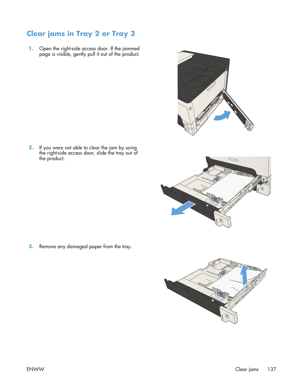 Clear jams in tray 2 or tray 3 | HP LaserJet Enterprise 700 Printer M712 series User Manual | Page 147 / 186