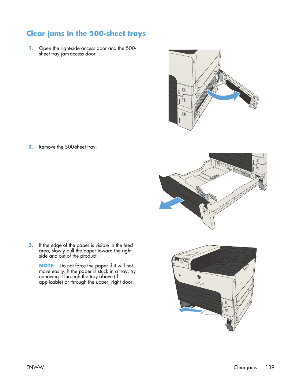 Clear jams in the 500-sheet trays | HP LaserJet Enterprise 700 Printer M712 series User Manual | Page 149 / 186