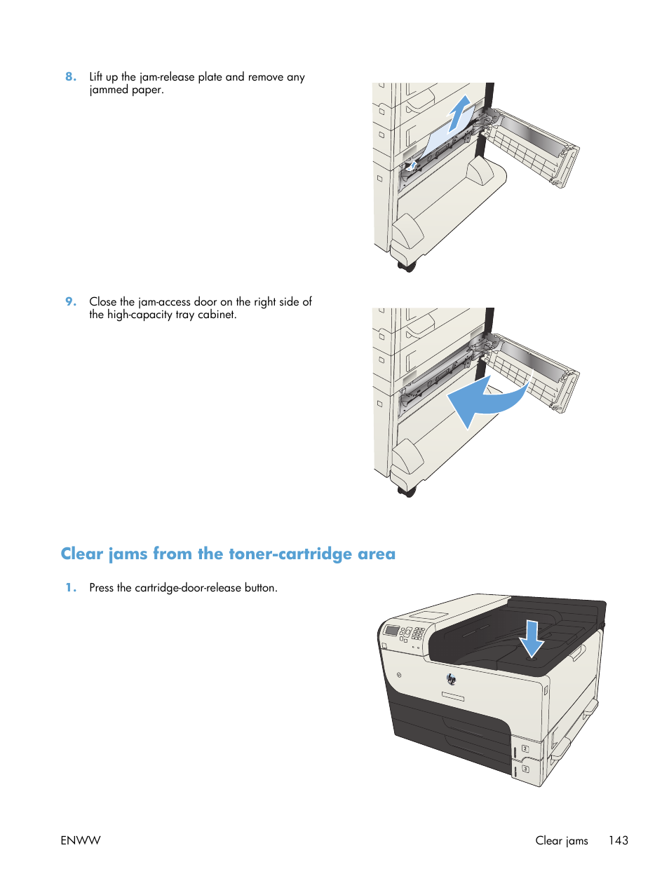 Clear jams from the toner-cartridge area | HP LaserJet Enterprise 700 Printer M712 series User Manual | Page 153 / 186