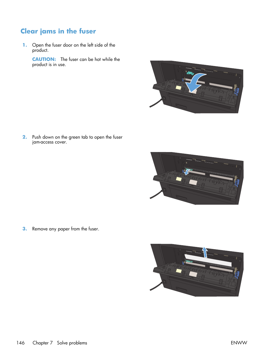 Clear jams in the fuser | HP LaserJet Enterprise 700 Printer M712 series User Manual | Page 156 / 186