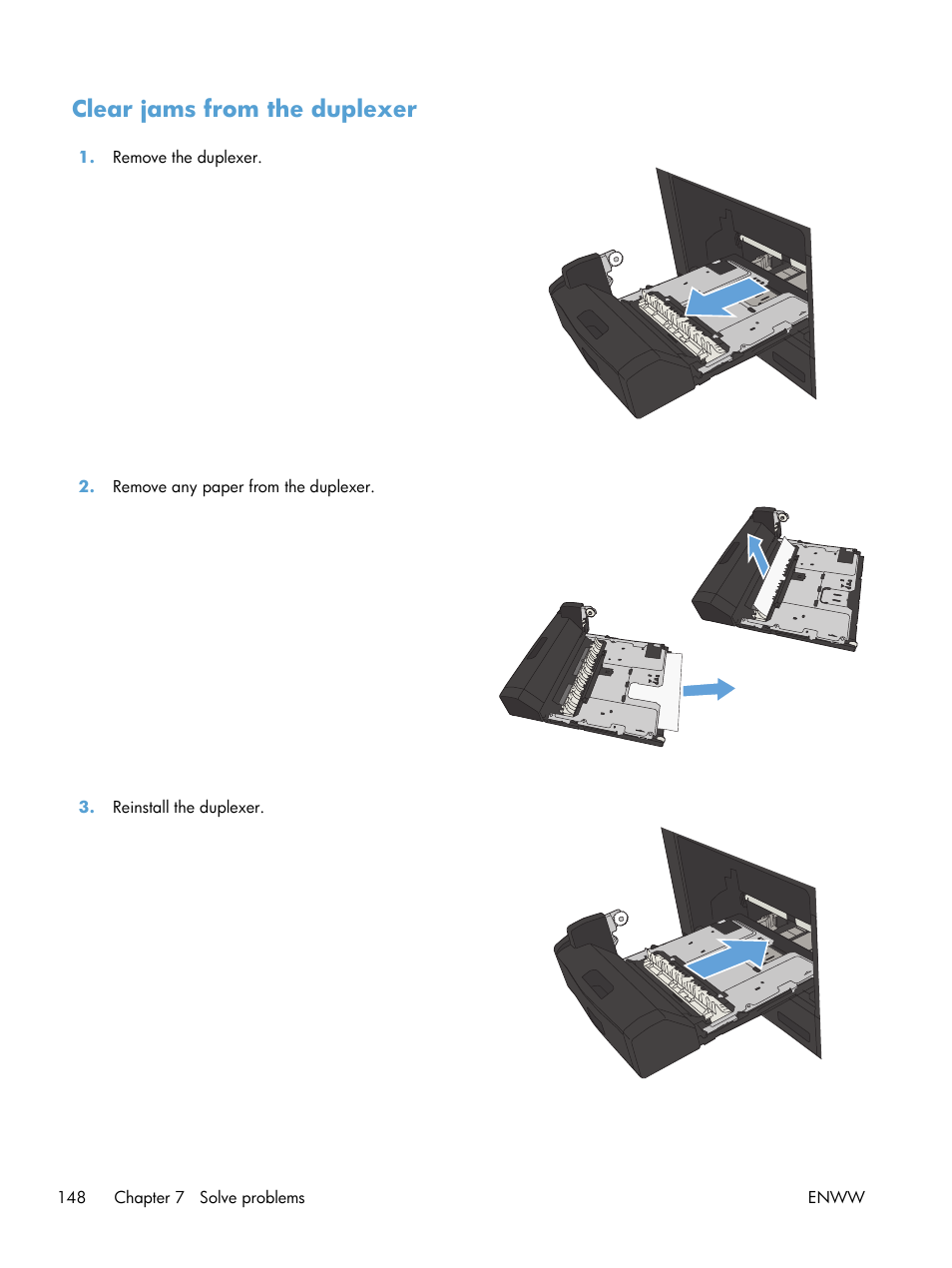 Clear jams from the duplexer | HP LaserJet Enterprise 700 Printer M712 series User Manual | Page 158 / 186