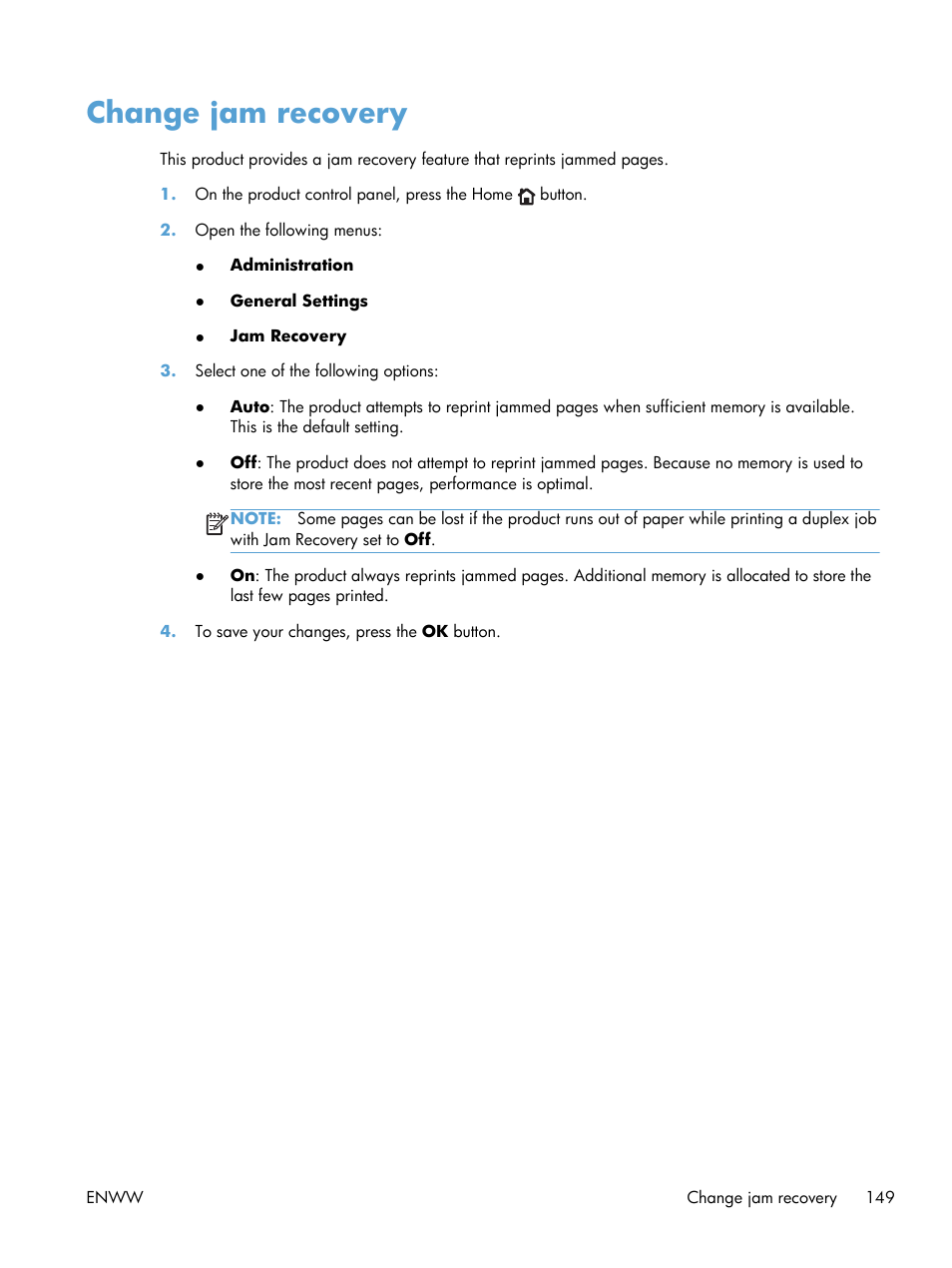 Change jam recovery | HP LaserJet Enterprise 700 Printer M712 series User Manual | Page 159 / 186